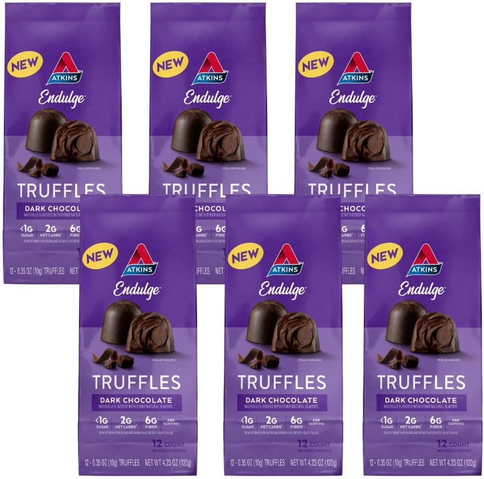 Atkins Endulge Dark Chocolate Truffles, Low Sugar, Low Carb, Keto Friendly, 6 Pack (12 Truffles Each Pack)