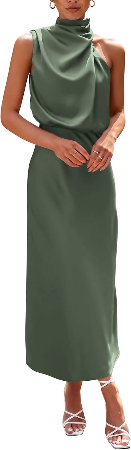 PRETTYGARDEN Women's 2024 Summer Satin Dress Elegant Sleeveless Mock Neck Cocktail Party Maxi Dresses