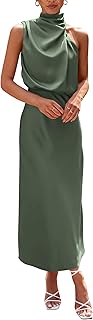 PRETTYGARDEN Women's 2024 Summer Satin Dress Elegant Sleeveless Mock Neck Cocktail Party Maxi Dresses