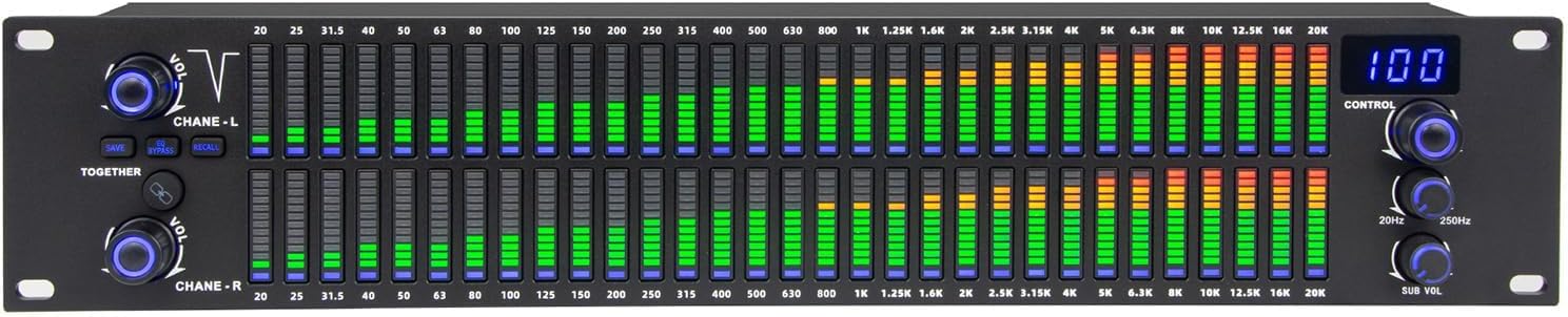 Professional 2U Rack Mount Digital Graphic Equalizer, Dual 31 Band EQ with DSP, LED Spectrum Display, Noise Gate, 10 Memory Presets, XLR/TRS/RCA Inputs Outputs,Black