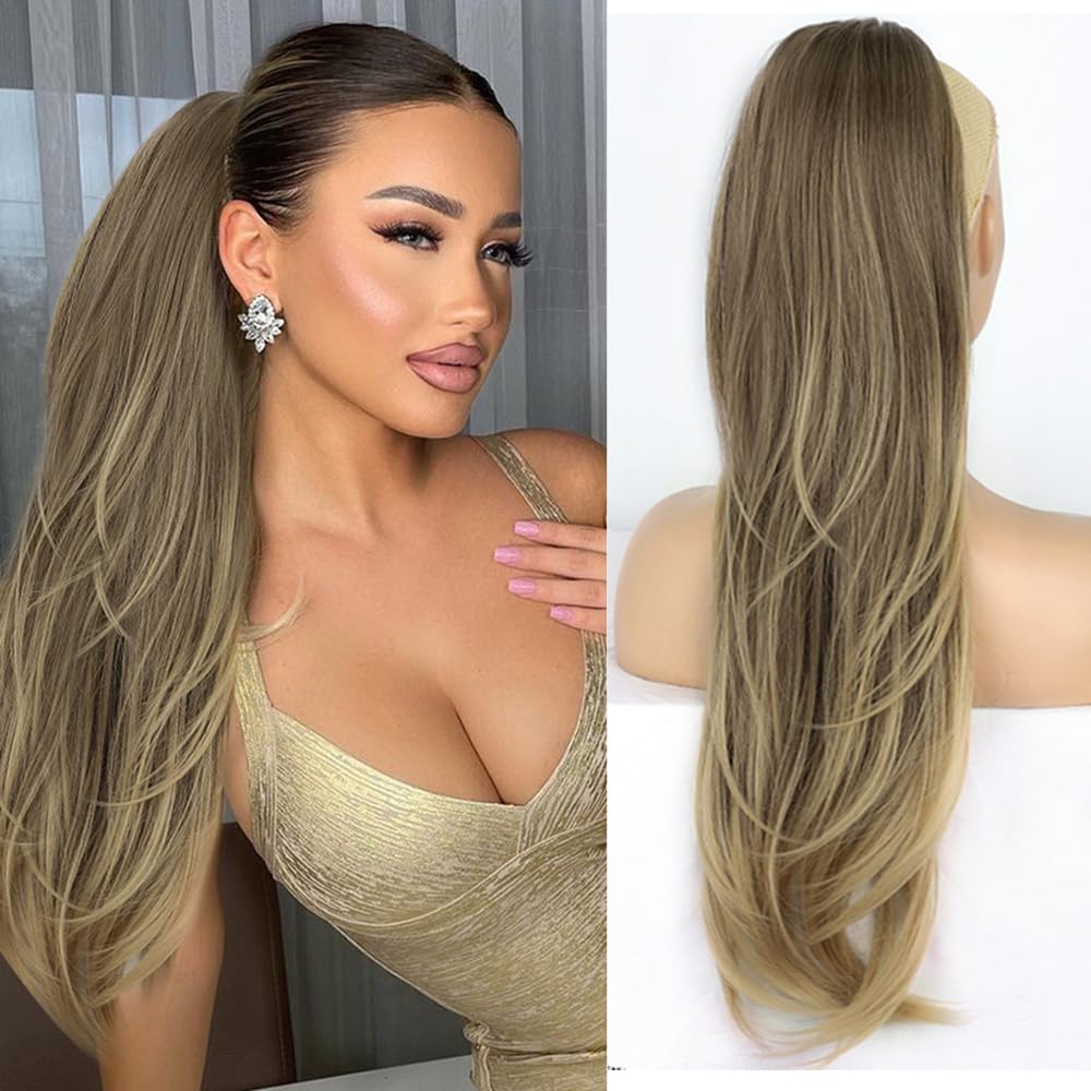 PORSMEER Ponytail Extension,Drawstring Ponytail Extension for Women 26 Inch Long Brown Wavy Layered Pony Tails Hair Extensions Synthetic Clip in Ponytail Hairpiece for Daily Use,Ash Brown Highlighted