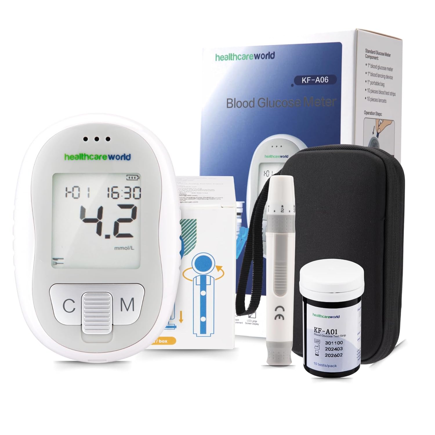 Blood Sugar monitor Test Kit for Diabetes Healthcare World Blood Glucose Testing Kits Diabetics meter no coding 5 second reading Low Pain lancing 10x Test Strips & 10x Lancet Service life 5 years