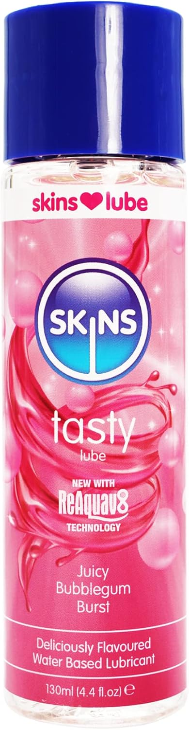 Skins Bubblegum Water Based Lube 130ml – Edible Lube Gel for Oral, Intimate Fun & Flavoured Foreplay - Water Based Lubricant for Condoms & Toys – Flavoured Lubricant with ReAquav8 Tech