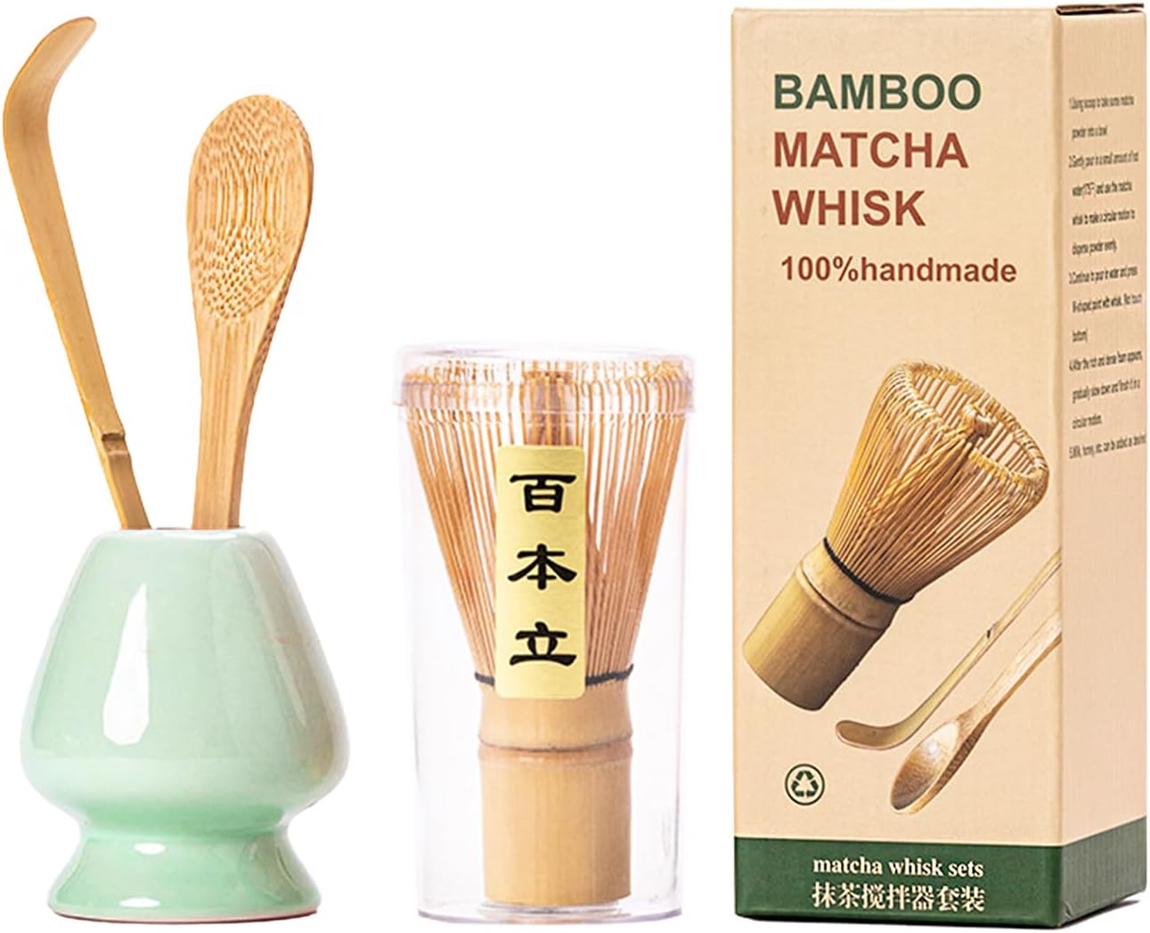 Matcha Whisk Set - Matcha Set 4 Pcs - Bamboo Matcha Whisk + Ceramic Whisk Holder + Scoop +Spoon - 100% Handmade from natural Bamboo - for starter