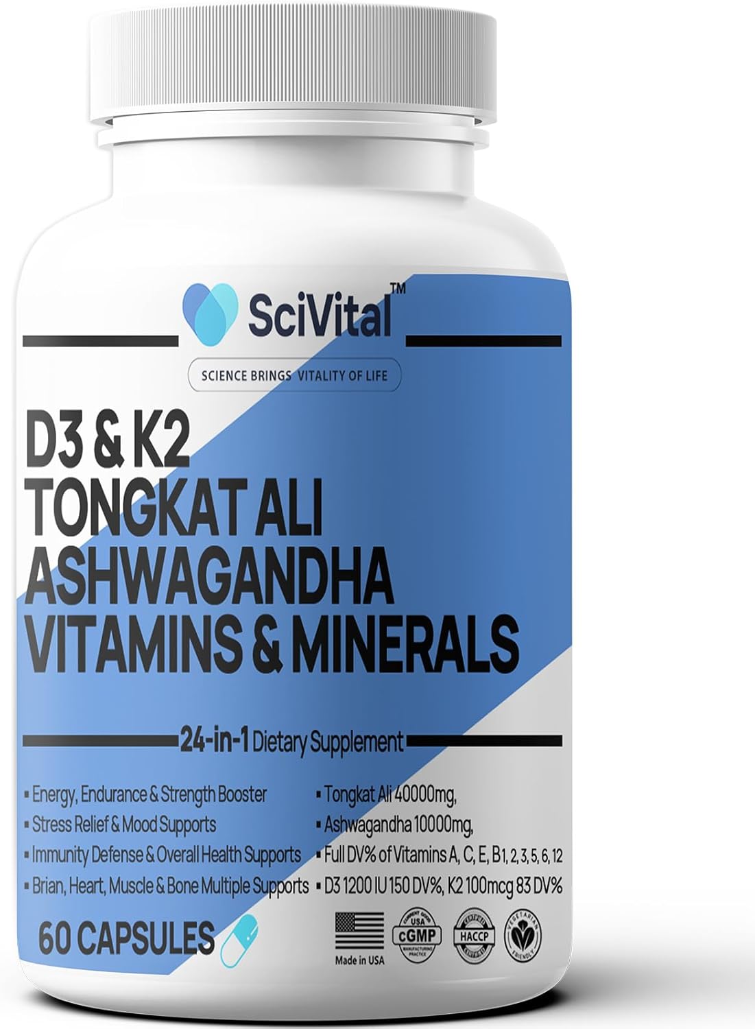 Ashwagandha 10000mg Tongkat Ali 40000mg Supplement with Multivitamin D3 K2 - Men's Health & Stress, Mood, Energy, Endurance Support - Ashwagandha Capsules Tongkat Ali for Men USA - 60 Count