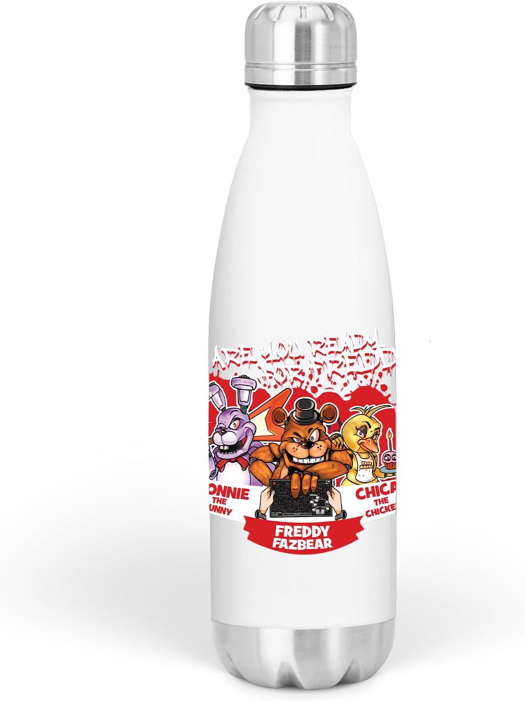 Ready for Freddy Aluminium Bottle - Nightmare Puppet Chica Bonnie Game Gamer Teen Present Water Coffee Thermo Durable Insulated Lightweight (White)