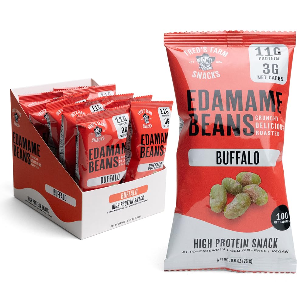 Fred's Farm Roasted Edamame Snacks - Buffalo, Low Calorie (0.9oz, 10-Pack) | Keto-Friendly, Low Carb, High Protein (11g) | Vegan, Gluten-Free | Ideal Crunchy Snack for Office and On-the-Go