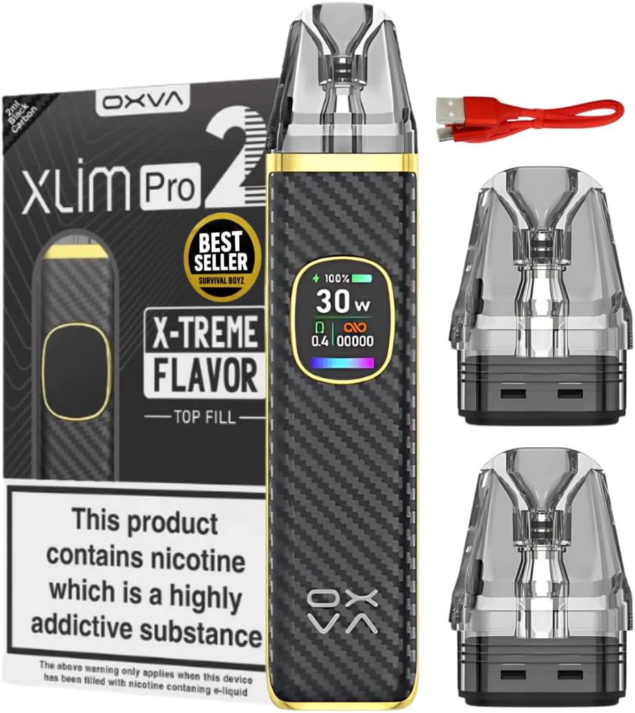 Oxva Xlim Pro 2 Pod Kit [Black Carbon] - Available in 24 colours, 2A Fast Charge, 1300mAh Battery, 0.56" Ultra-HD Color Screen - No Nicotine