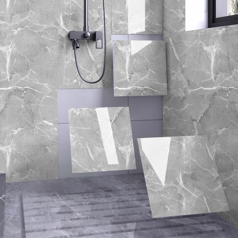 Shower Wall Panels Peel and Stick,Marble Wall Panels for Interior Decor,Backsplash Tile for Kitchen Showers Bathrooms Living Rooms 11.8"x11.8"in 10Pcs, Grey (Not Real Tile,9.7 Sq.ft)