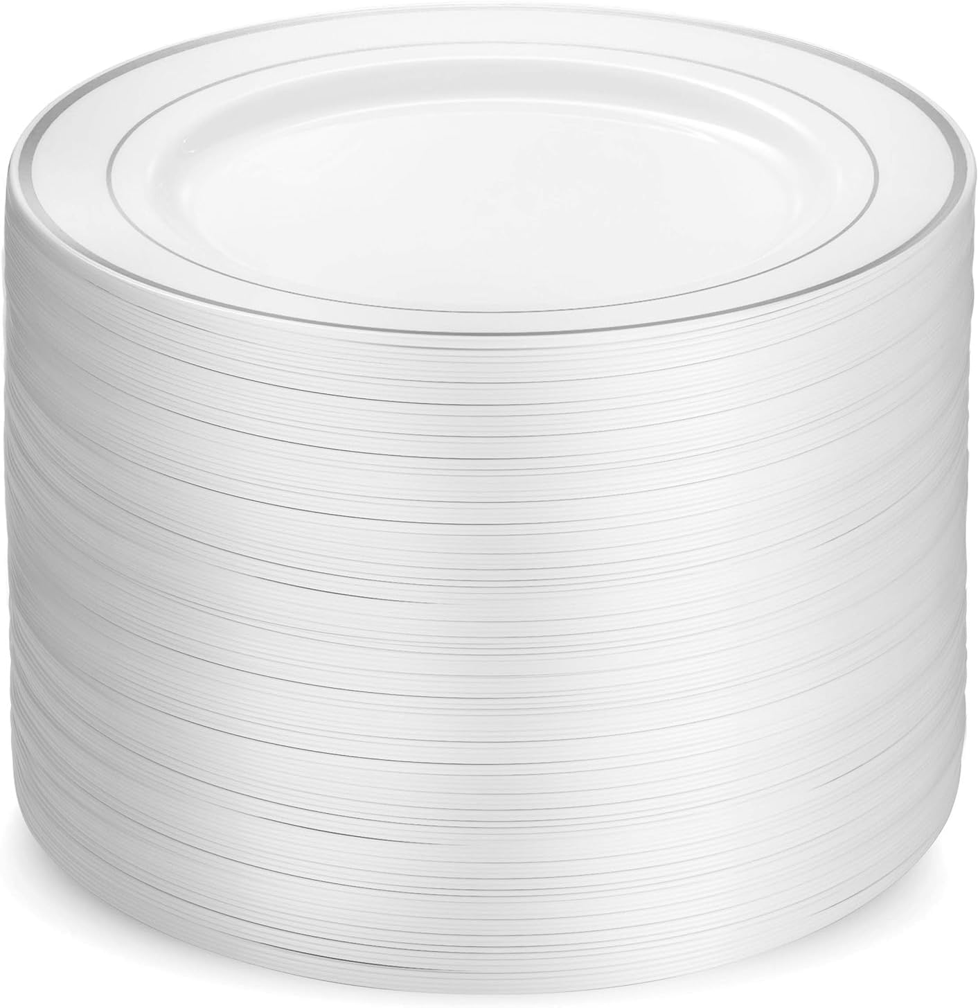 Munfix 100 Silver Plastic Plates Set, 10.25 Inch Plastic Dinner Plates, Fancy Disposable Plates, Heavy Duty Party Plates, Elegant Wedding Plates, White with Silver Rim