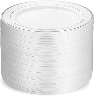 Munfix 100 Silver Plastic Plates Set, 10.25 Inch Plastic Dinner Plates, Fancy Disposable Plates, Heavy Duty Party Plates, Elegant Wedding Plates, White with Silver Rim
