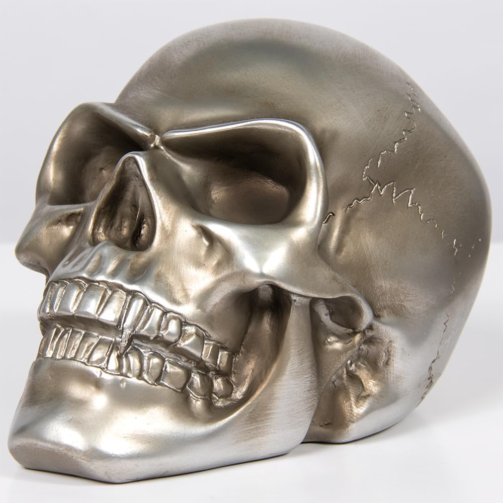 THORNE ANTIQUES AND COLLECTABLES Realstic Human Skull Head Ornament Gothic Home Decor 19.5cm, Choice of Colours/finishes (Silver)