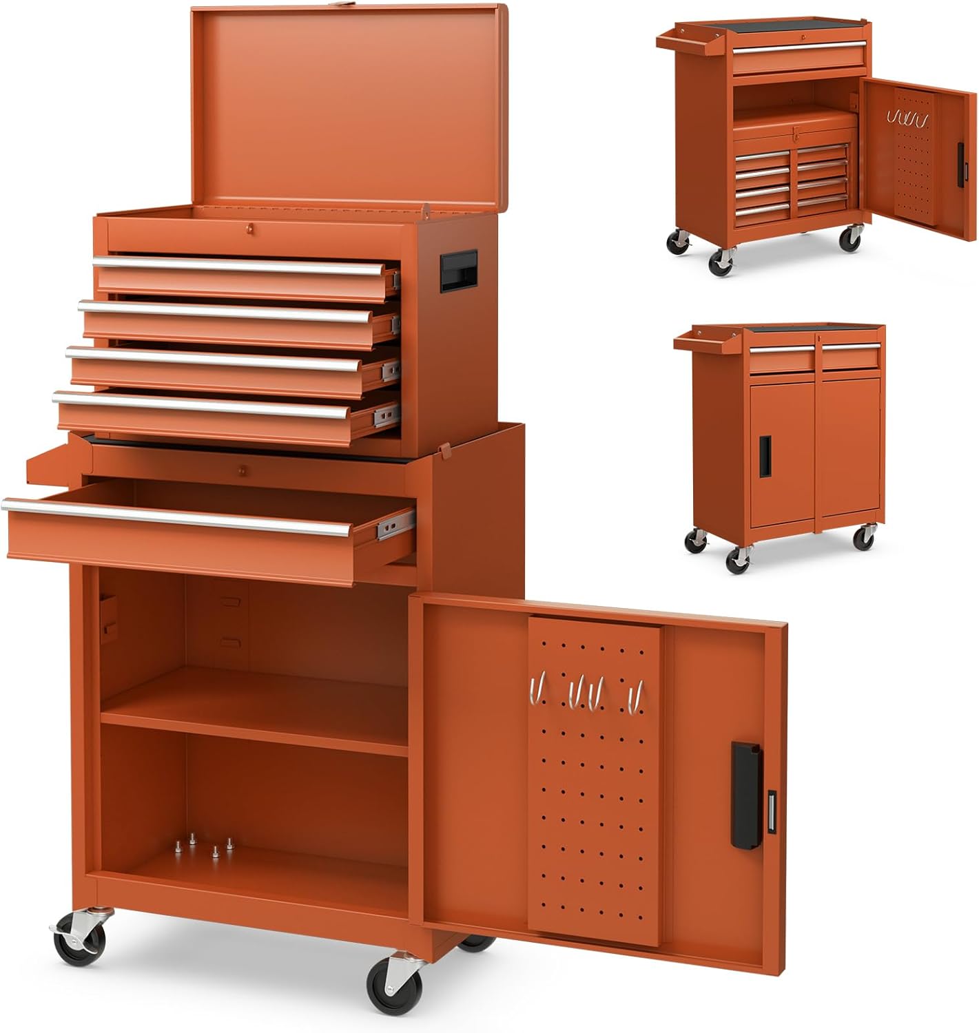 HOMFME Rolling Tool Cabinet, 2 in 1 Detachable Tool Chest with Drawers, Wheels, Hooks, Side Handle, Lockable Metal Tool Box Cart Trolley for Garage Workshop (Orange)