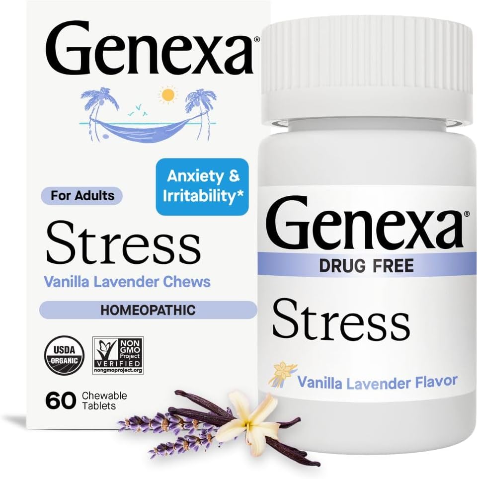Genexa Stress for Adults | Anxiety & Irritability Relief | Fatigue Remedy | Natural Vanilla & Lavender Flavor | Gluten Free & Non-GMO | Homeopathic Remedy Made Clean | 60 Chewable Tablets​