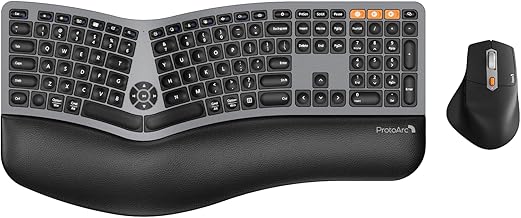ProtoArc Ergonomic Wireless Keyboard Mouse, EKM01 Plus Full Size Ergo Bluetooth Keyboard Mouse Combo, Split Design, Wrist Rest, Multi-Device, Rechargeable, for Windows/Mac OS