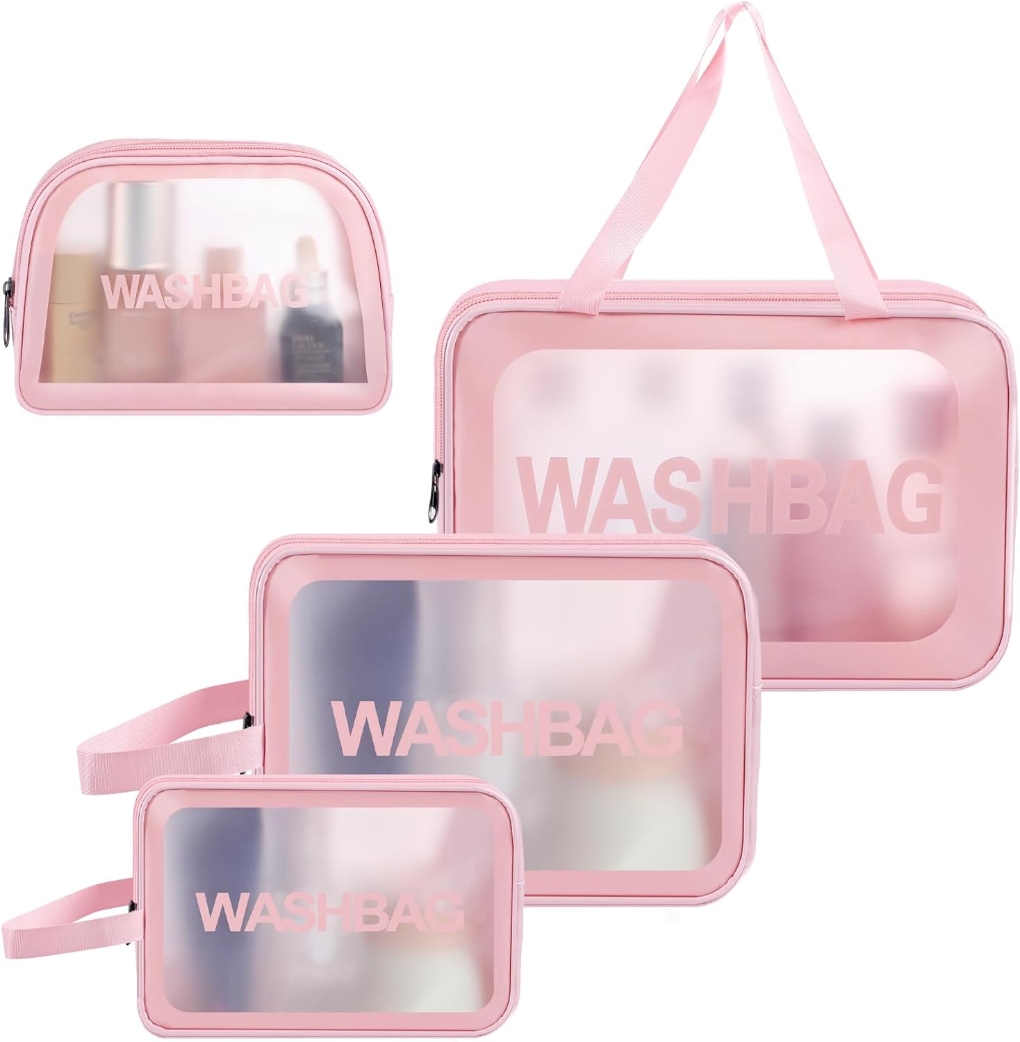 4 Pcs Clear Travel Toiletries Bag for Women, Travel Toiletry Bags Clear Wash Bag for Toiletries, PVC Waterproof Makeup Bag for Women and Girls (Pink)