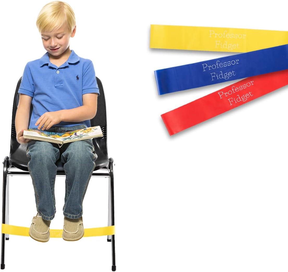 Professor Fidget Chair Bands for ADHD, Sensory Issues, Autism, Anxiety, Hyperactivity - Set of 3 for Kids With Fidgety Feet (0.5, 0.7, 0.9 mm Age 3-10)