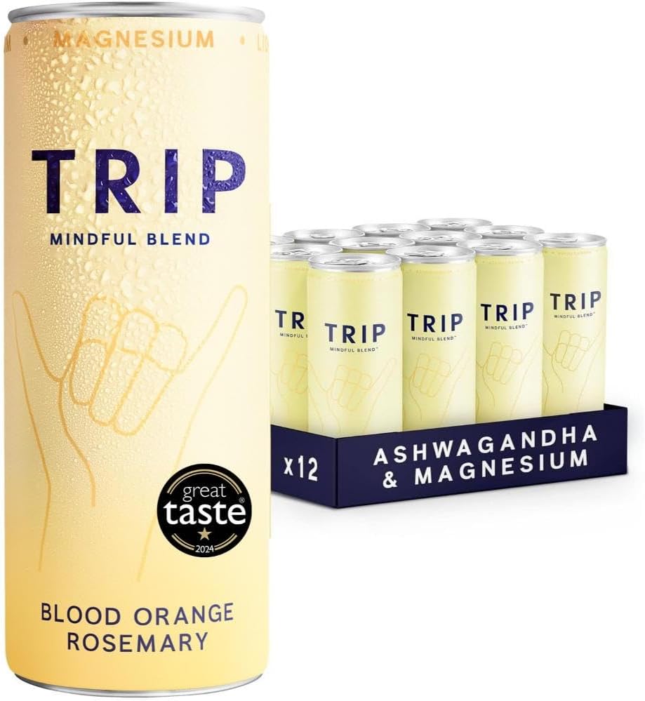 TRIP Mindful Blends - Blood Orange & Rosemary Sparkling drink with Magnesium Citrate + Ashwagandha + Lion’s Mane + L-theanine. Low Calorie and Vegan (Pack of 12 x 250ml)