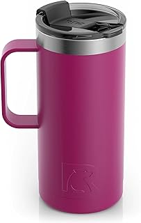RTIC 16 oz Coffee Travel Mug with Lid and Handle, Stainless Steel Vacuum-Insulated Mugs, Leak, Spill Proof, Hot Beverage and Cold, Portable Thermal Tumbler Cup for Car, Camping, Very Berry