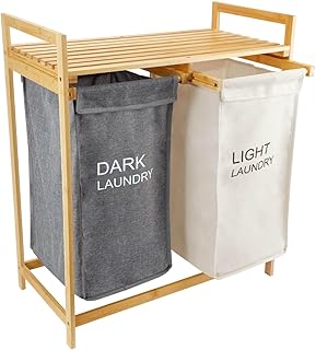 Laundry Organizer with 2 Sections - WONGLE Two-Color Pull-Out Laundry Hamper Basket with Removable Laundry Sorter Bags and Top Shelf, Custom Dark Light White Color Labels, Bamboo Frame (Grey/Khaki)