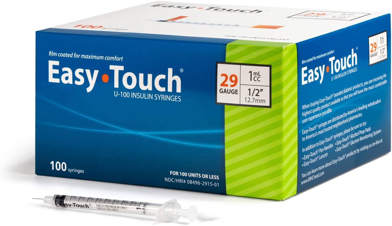 Easy Touch U-100 Insulin Syringe with Needle, 29G 1cc 1/2-Inch (12.7mm), Box of 100