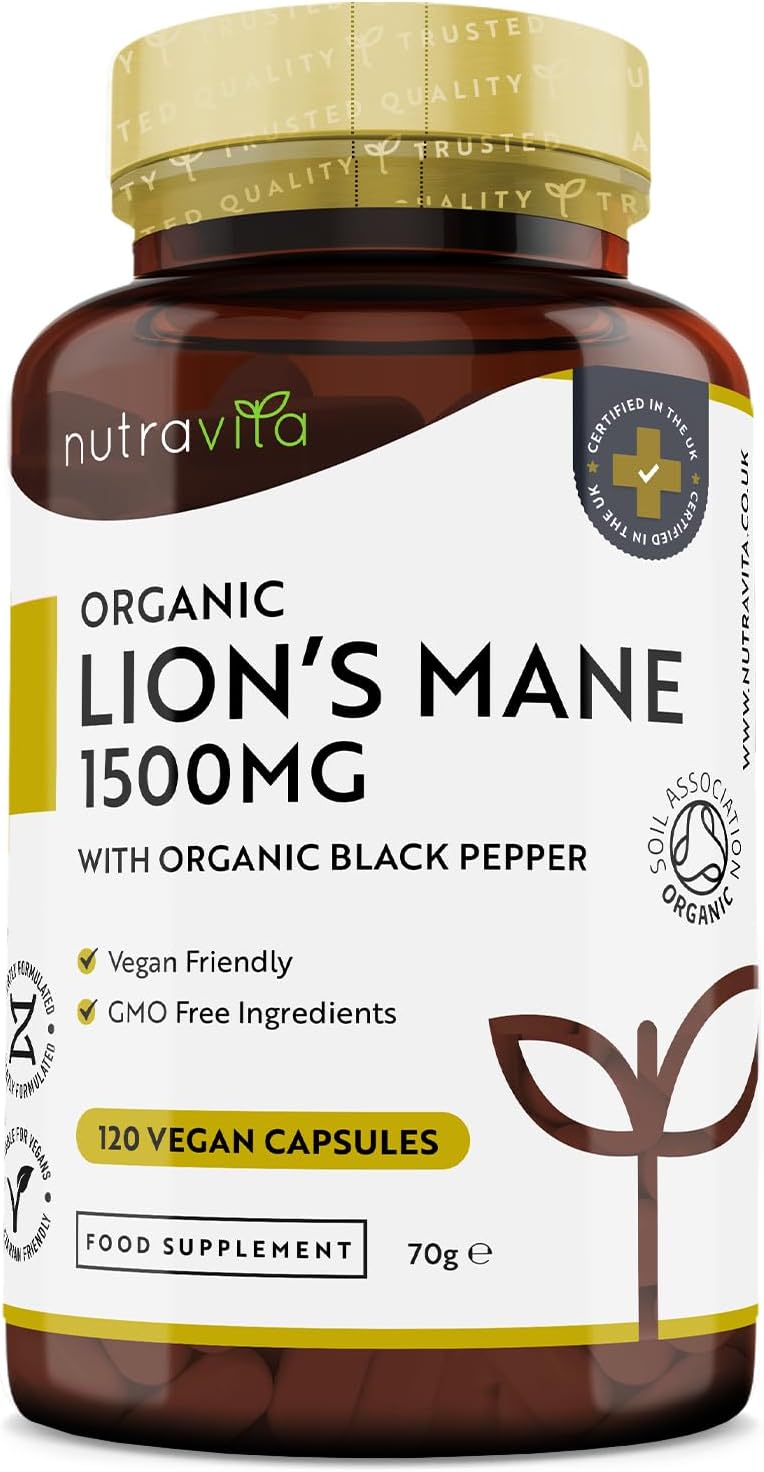 Organic Lions Mane Mushroom 1500mg - 120 High Strength Vegan Capsules (Not Powder) - Lions Mane Supplement with Organic Black Pepper - Made in The UK by Nutravita