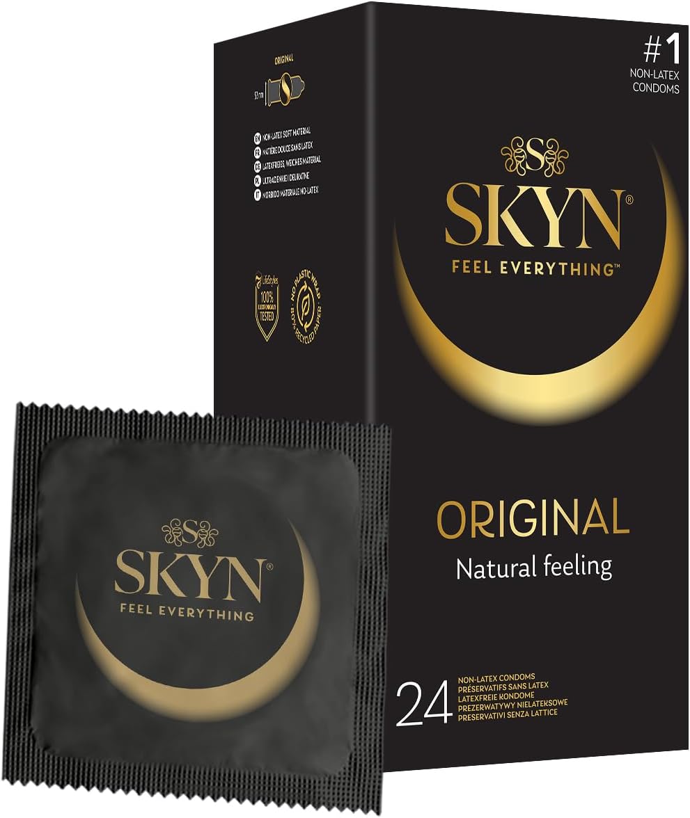 SKYN Original (Pack of 24): Latex Free Condoms for Men, Regular Size, SKYNFEEL Technology, Thin, Smooth Surface, Lubricated, 53mm Nominal Width - Packaging May Vary
