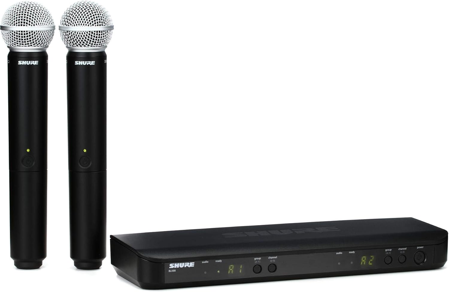 Shure BLX288/SM58 Wireless Microphone System - 14-Hour Battery Life, 300 ft Range, UHF | Includes (2) SM58 Handheld Vocal Mics, Dual Channel Receiver | H11 Band (BLX288/SM58-H11)