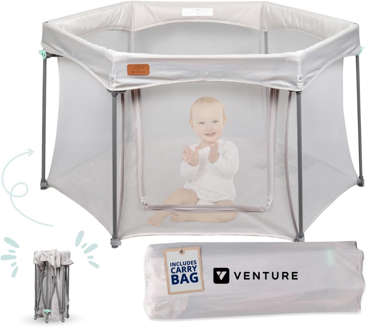 Venture All Stars Joy Award-Winning Foldable Baby Playpen – Large, Portable Play Pen for Babies & Toddlers, Breathable Mesh & Fitted Mat, Easy to Set Up, Includes Travel Bag - Silver (6-36 Months)