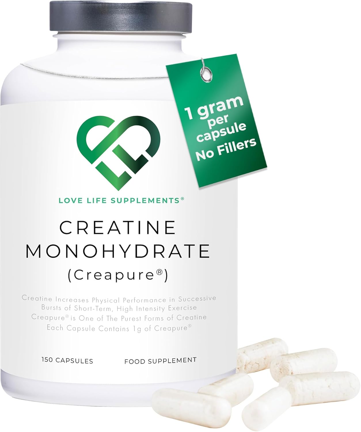 Creapure® Creatine Monohydrate Capsules (1 Gram per Capsule) | 150 Capsules (not Powder or Tablets) | 30-50 Servings | Love Life Supplements - 'Clean, Effective, High Quality'