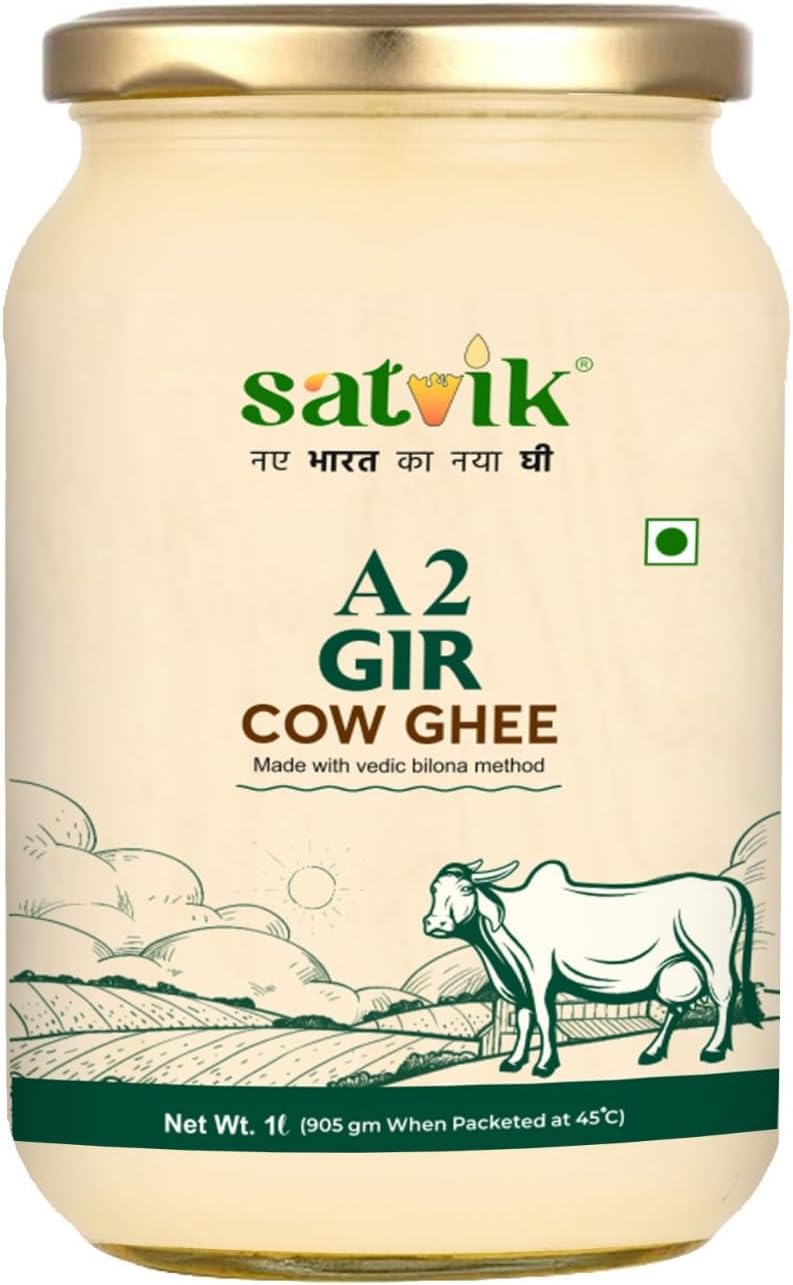Satvik Pure Ghee A2 Gir Cow Ghee 1 Litre Churned from Vedic Bilona Method | Bilona Ghee | A2 Cow Desi Ghee 1 Litre