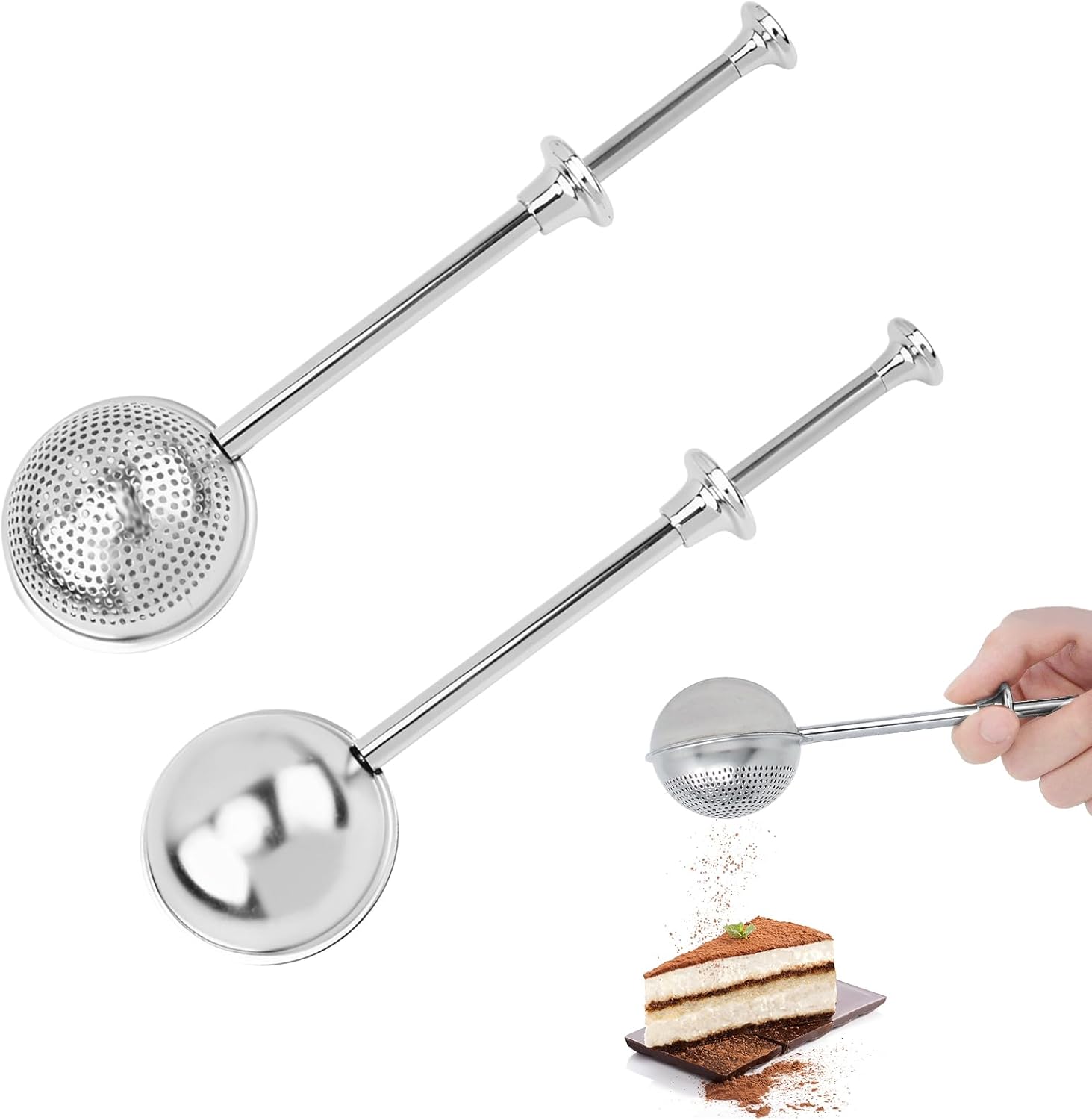 2 Pack Flour Sifter Set,Flour Shaker for Baking,Icing Sugar Shaker,Duster Baker's Dusting Wand Dispenser for Baking,Sifting Sugar,Flour,Spices,and Tea Balls for Loose Tea（Full and Half Sieves）