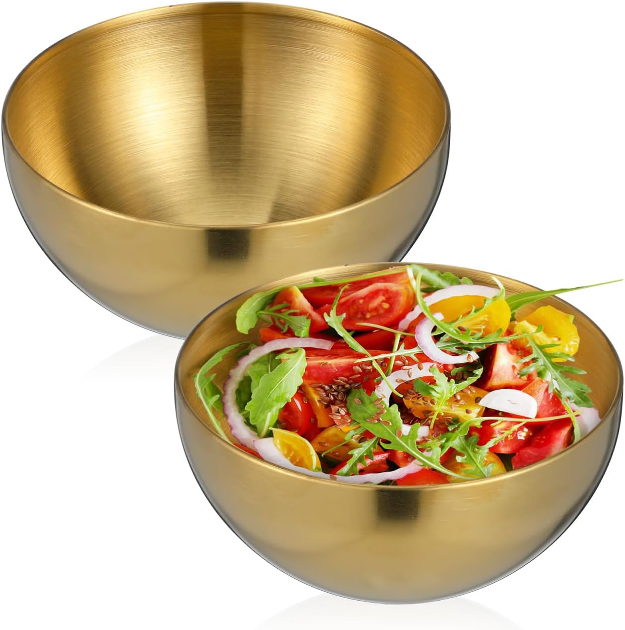 Luxshiny 2pcs Stainless Steel Small Soup Bowls Mini Dinner Serving Salad Bowls Korean Single Layer Metal for Salad Fruit Snack Dessert Noodle (Golden, 4.8 Inch)