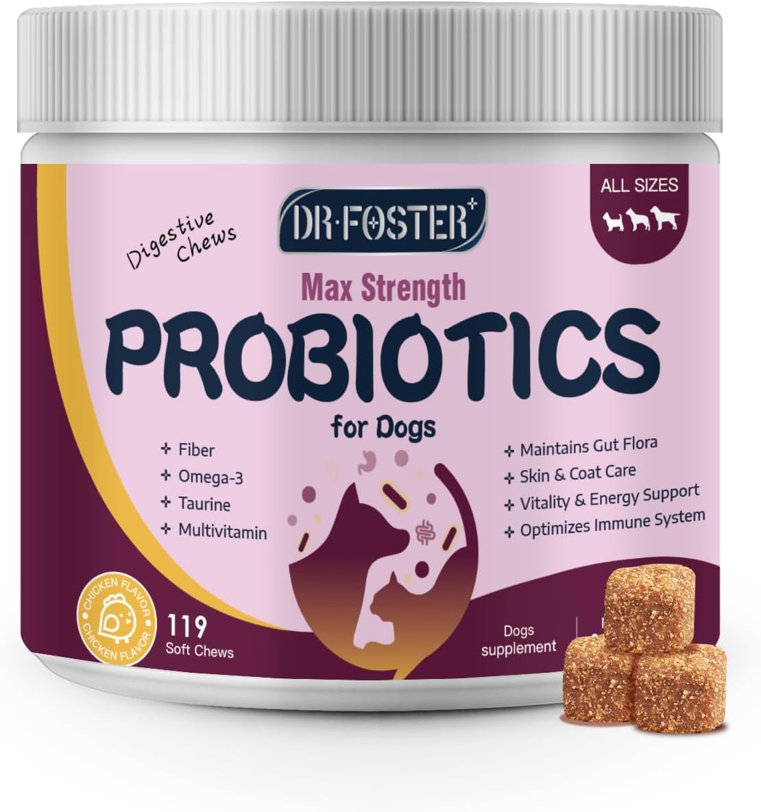 Probiotics for Dogs, Dog Probiotics for Digestive Health - Fiber Riched Prebiotic & Digestive Enzymes with Pumpkin, Omega-3, 6 Billion CFUs Support Gut & Immune Health, Diarrhea, 119 Soft Chews