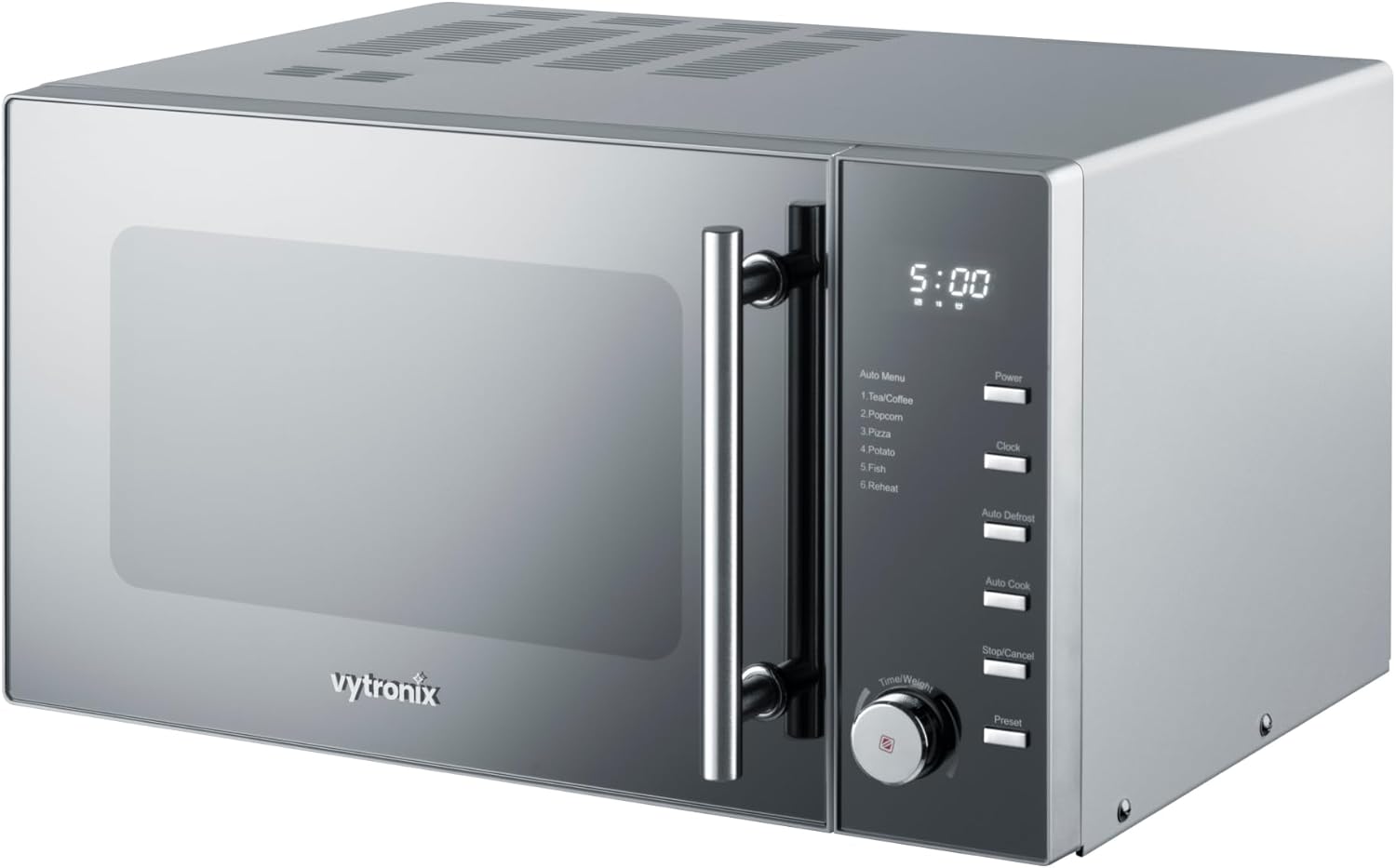 VYTRONIX VY-C900M 900W Digital Microwave Oven | Freestanding Microwave with 5 Power Levels, Clock & Timer Function | Silver Microwave with Mirrored Front, 25 Litre Capacity