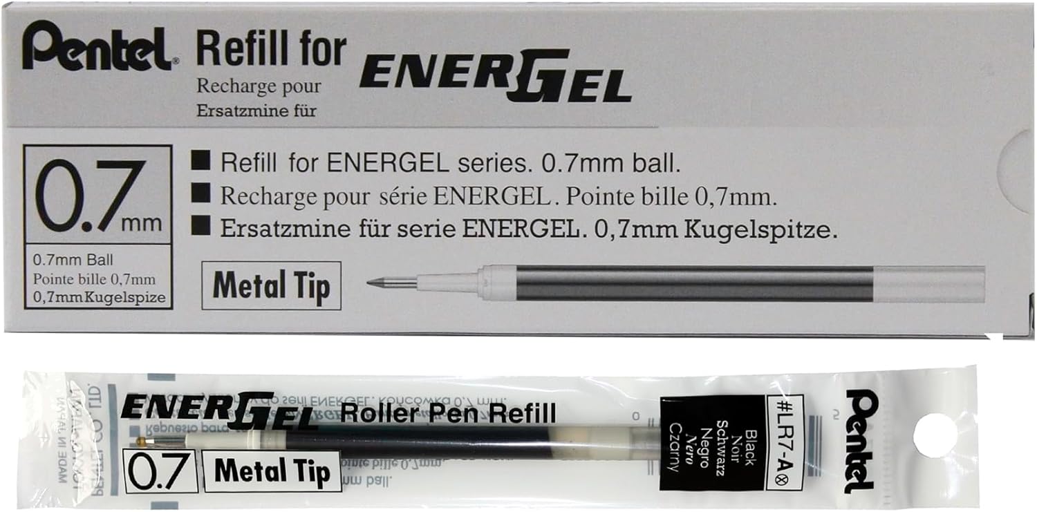 Box of 12 x PENTEL Energel 0.7mm Refill Metal Tip LR7 - Fits Energel Xm, BL77/BL57/BL37 - Black Ink