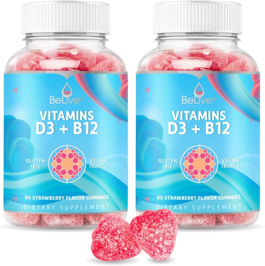 BeLive Vitamin D3 Gummies with B12 Vitamins - Immune Support Gummies with Vegan Vitamin B12 & D3, Provides Enhanced Bone & Muscle Strength, Hearth Health and Energy - Strawberry Flavor | 2-Pack