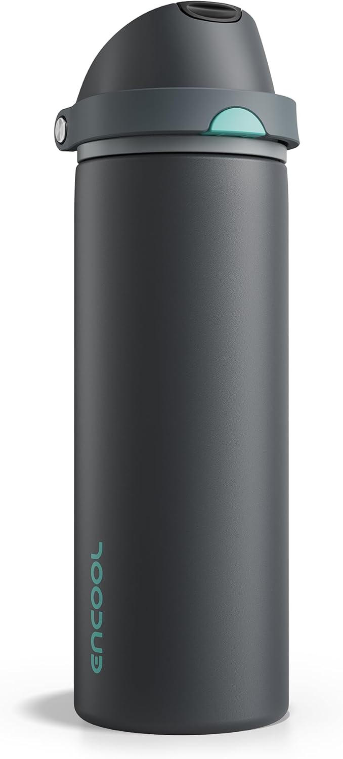Insulated Water Bottle with Straw - Encool Stainless Steel Water Bottle with Push Button Lid, Leak-Proof & BPA-Free, Keeps Cold for 24 Hours for Sports, Travel, Gym (24 oz, Tuna Grey-Green)