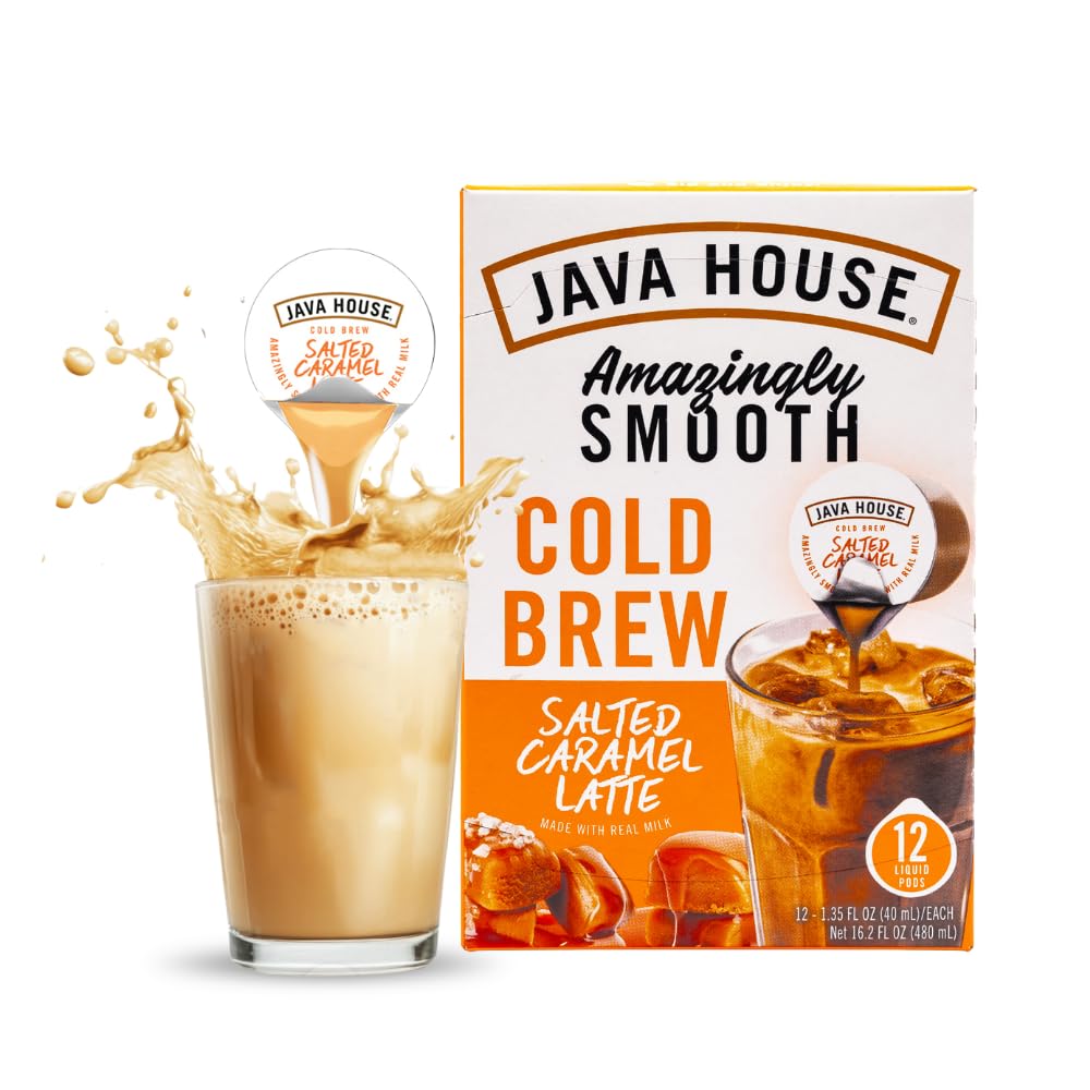 JAVA HOUSE Salted Caramel Latte Cold Brew Coffee Pods, (12 Count) Peel and Pour Pods Hot or Iced