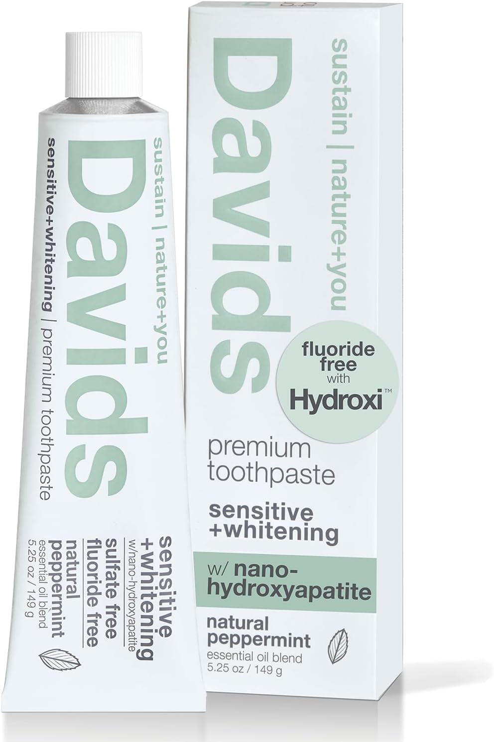 Davids Nano Hydroxyapaite Natural Toothpaste for Sensitivity, Peppermint, Flouride Free, SLS Free, Remineralize Enamel, Gentle Whitening, Toothpaste Squeezer Included, Recycable Metal Tube, 5.25oz