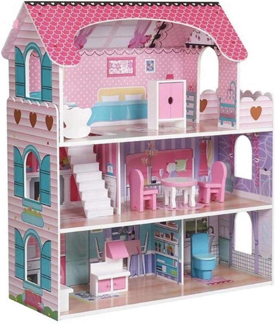 Wooden Play Doll House With Accessories & Furniture Role Play Doll House 4 Designs Christmas, Birthday Girls Gift (Design 1)