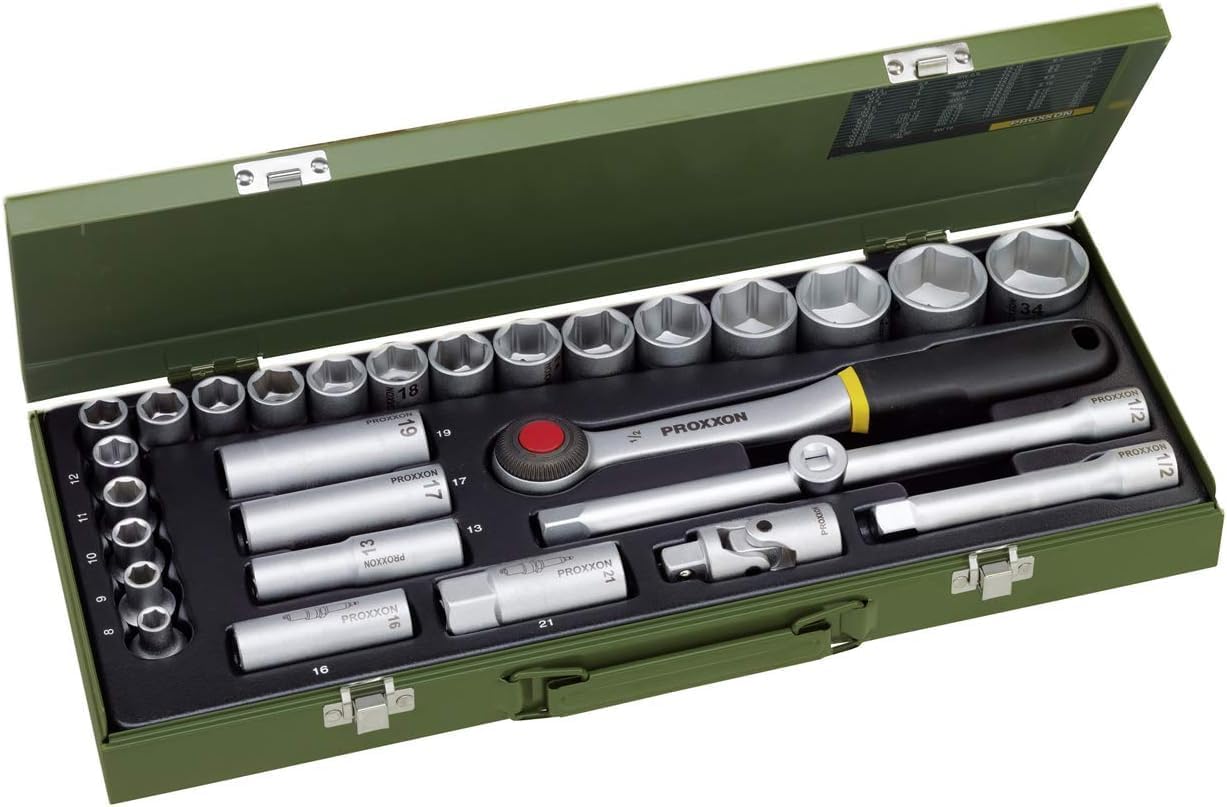 Proxxon 23000 Socket Set, Silver/Green, 1/2-Inch, Set of 29 Pieces
