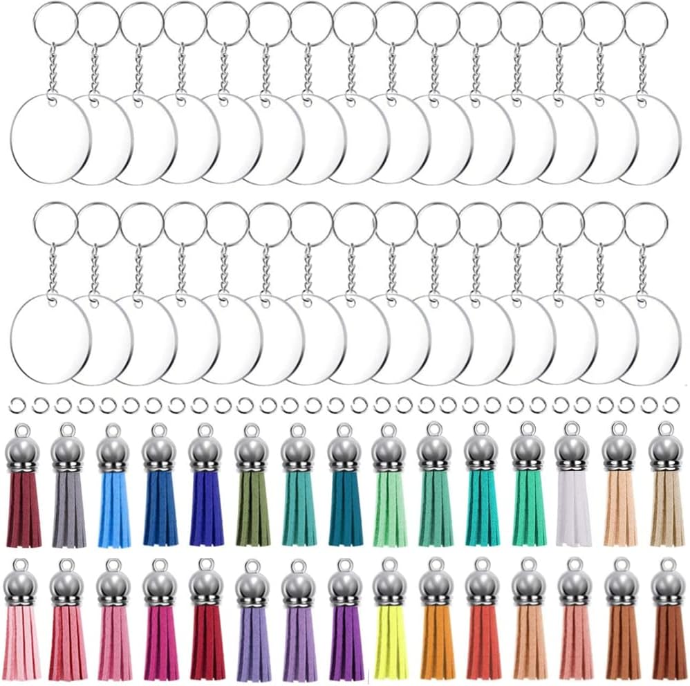 KINGFOREST 120PCS Acrylic Keychain Blanks Kit - 30 Keychain Rings, 30 Jump Rings, 30 Clear Discs, 30 Tassels - DIY Craft Supplies for Jewelry Making, Vinyl Stickers & Personalized Gifts