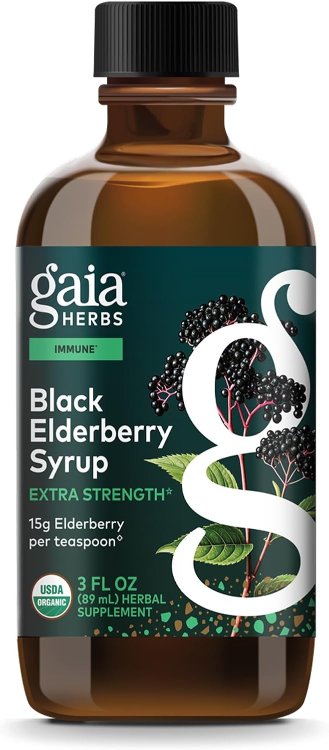 Gaia Herbs Black Elderberry Syrup, 3 Fl Oz, About 18 to 71 Servings