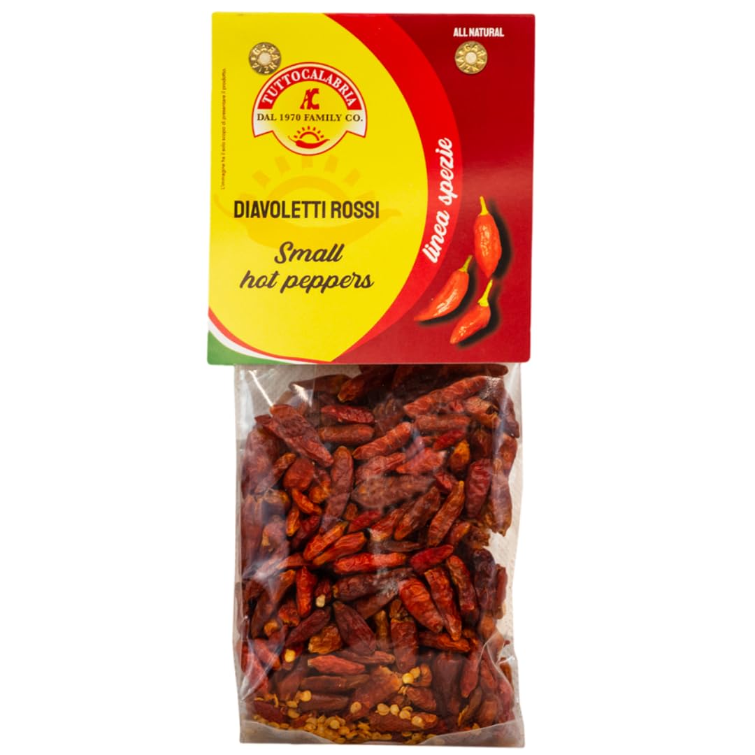 Calabrian Diavoletti Rossi, Small Dried Spicy Hot Chili Peppers, 50g, All Natural, Non-GMO, Product of Italy, TuttoCalabria