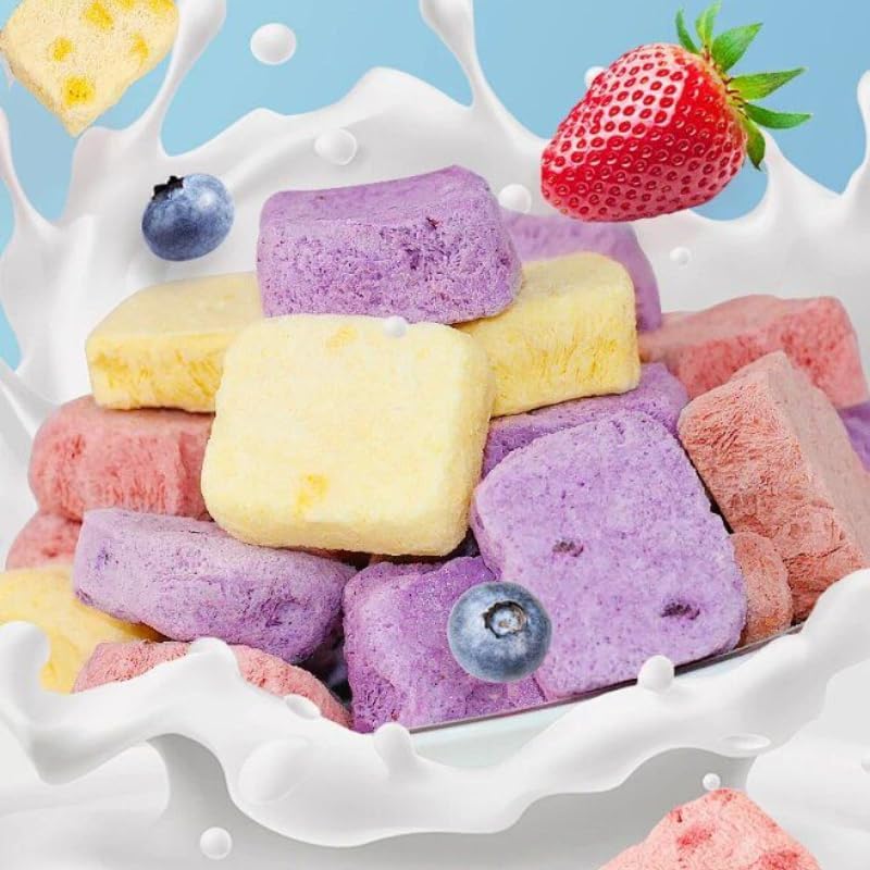 Fruit freeze-dried yogurt chunks, freeze-dried ice cream, freeze-dried candies, crispy and dried strawberry blueberry and peach, instant breakfast, milk sugar, wedding candy, vegan (4 packs)