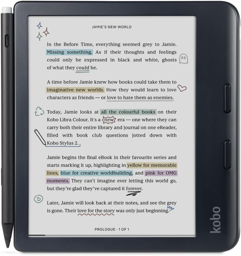 Kobo Libra Colour | eReader | 7” Glare-Free Colour E Ink Kaleido™ 3 Display | Dark Mode Option | Audiobooks | Waterproof | (Black with Stylus)