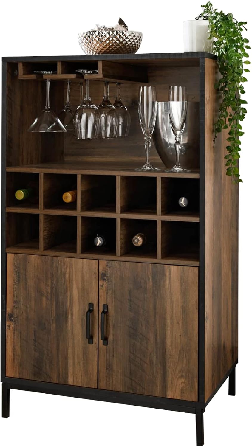 spot on dealz® Drinks Cabinet Home Bar Unit Wine Bottle Holder Wine Racks Free Standing Wooden Drinks Bar Racks for Living Room Kitchen 2 Doors Storage Furniture