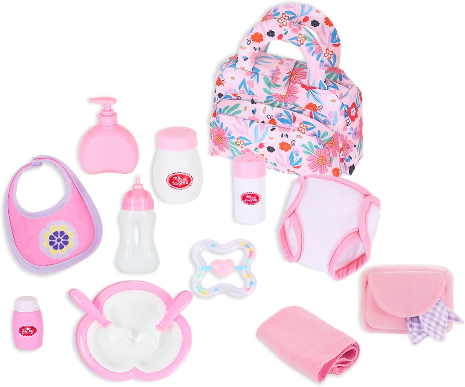 Ecore Fun Baby Doll Feeding Set with Portable Bag - 15pcs 12-18 Inch Dolls Accessories Kit, Includes Bag, Diaper, Bib, Bottle, Tableware, Towel & Care Essentials Pretend Playset
