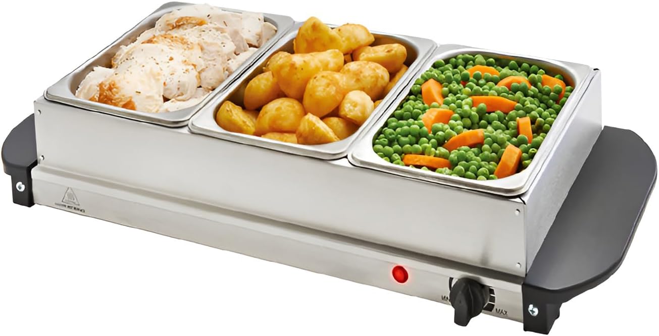 Vintage Gourmet® 3 Tray Food Warmer, All in One Buffet Server with Warming Plate Function,Turkey & Vegetables, Keeps Food Warm 200W, Temperature Control, Cool-Touch Handles Easy Portability 3 x 1.5L
